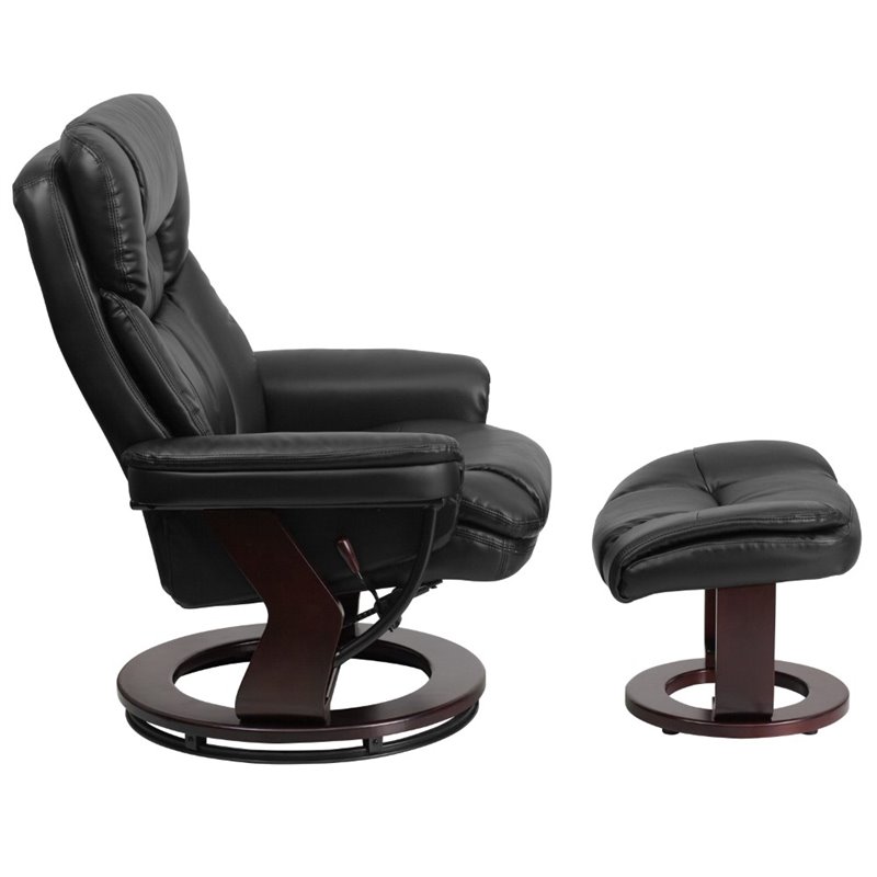 Bowery Hill LeatherSoft Integrated Headrest Recliner and Ottoman in Black