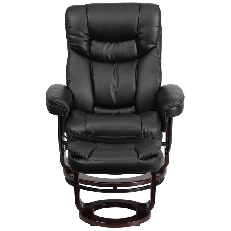 Bowery Hill LeatherSoft Integrated Headrest Recliner and Ottoman in Black