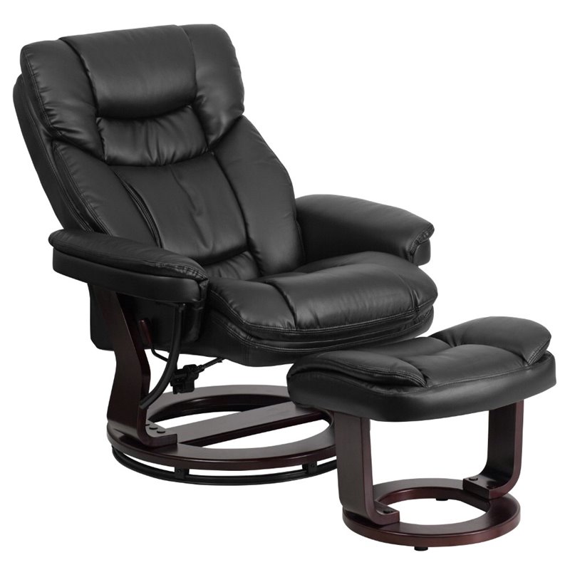 Bowery Hill LeatherSoft Integrated Headrest Recliner and Ottoman in Black