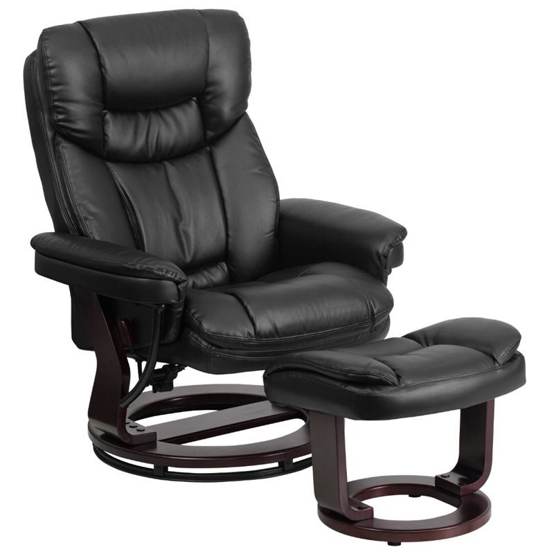 Bowery Hill LeatherSoft Integrated Headrest Recliner and Ottoman in Black