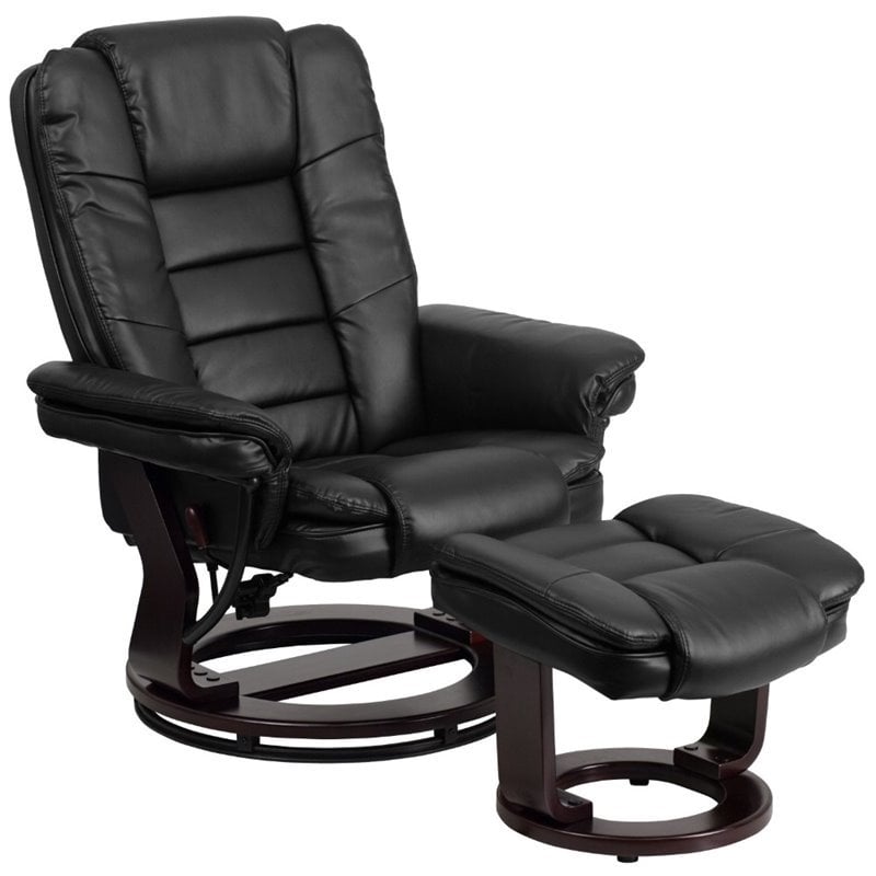 Bowery Hill Contemporary LeatherSoft Plush Arms Recliner and Ottoman in Black