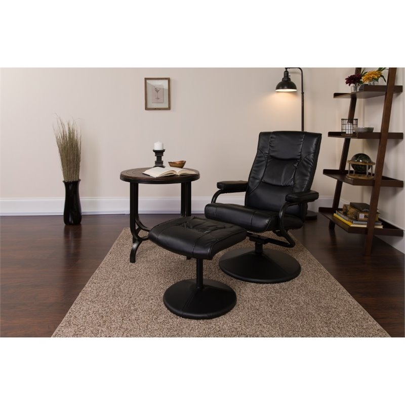 Bowery Hill Contemporary Leather Recliner and Ottoman with Wrapped Base in Black