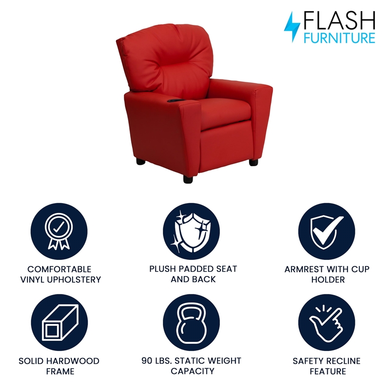 Bowery Hill Contemporary Vinyl Upholstered Kids Recliner with Cup Holder in Red