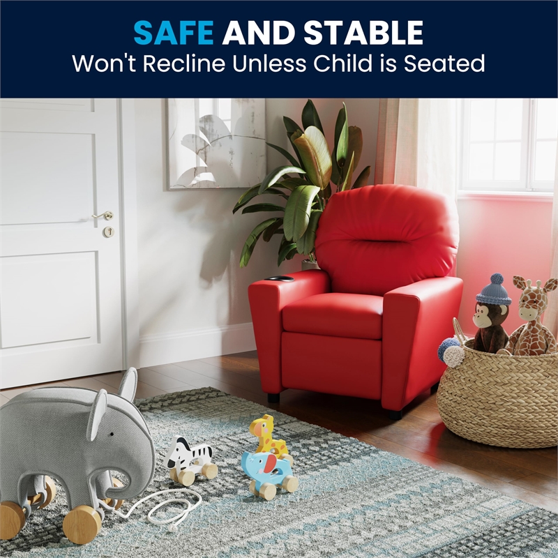 Bowery Hill Contemporary Vinyl Upholstered Kids Recliner with Cup Holder in Red