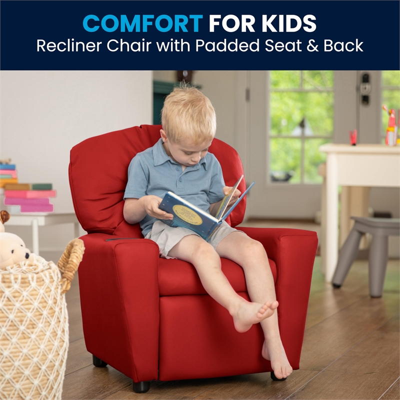 Bowery Hill Contemporary Vinyl Upholstered Kids Recliner with Cup Holder in Red