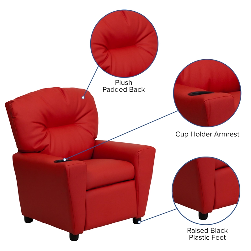 Bowery Hill Contemporary Vinyl Upholstered Kids Recliner with Cup Holder in Red