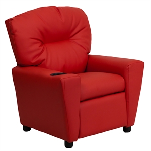 Bowery Hill Contemporary Vinyl Upholstered Kids Recliner with Cup Holder in Red