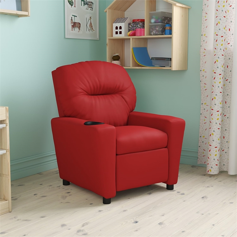 Bowery Hill Contemporary Vinyl Upholstered Kids Recliner with Cup Holder in Red