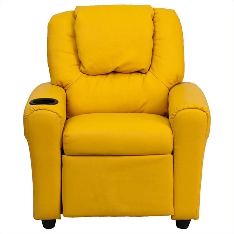 Bowery Hill Contemporary Vinyl Recliner with Cup Holder in Yellow