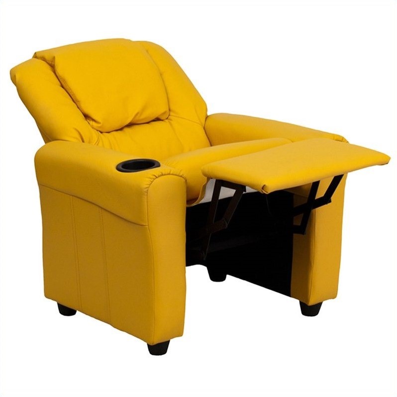 Bowery Hill Contemporary Vinyl Recliner with Cup Holder in Yellow