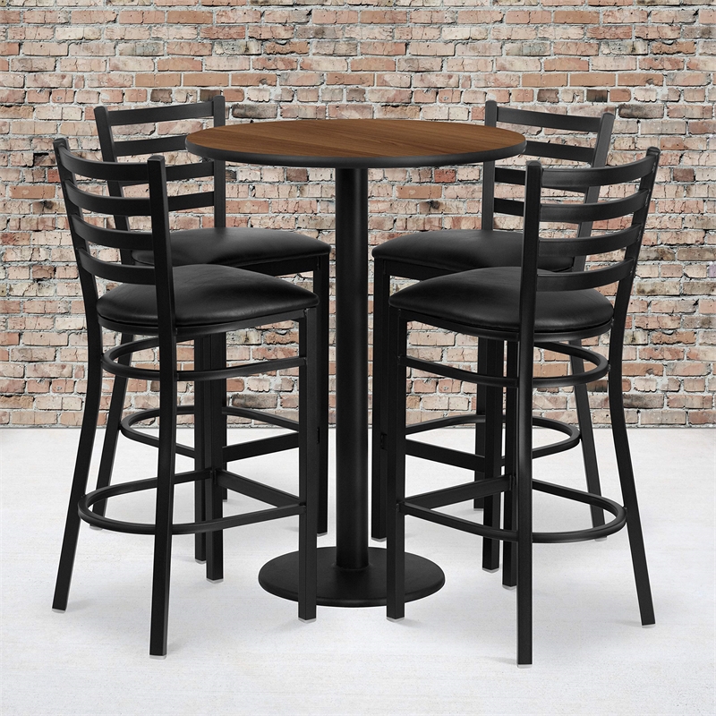 Bowery Hill 5 Piece Round Laminate Table Set in Walnut and Black