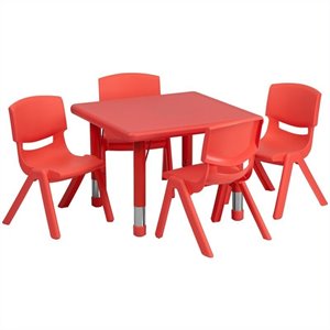 bowery hill 5 piece square adjustable activity table set in red