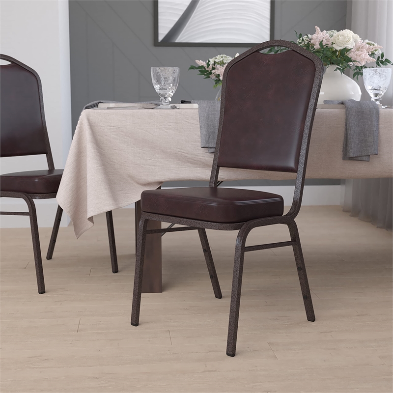 Bowery Hill Vinyl/Metal Crown Back Banquet Stacking Chair in Brown
