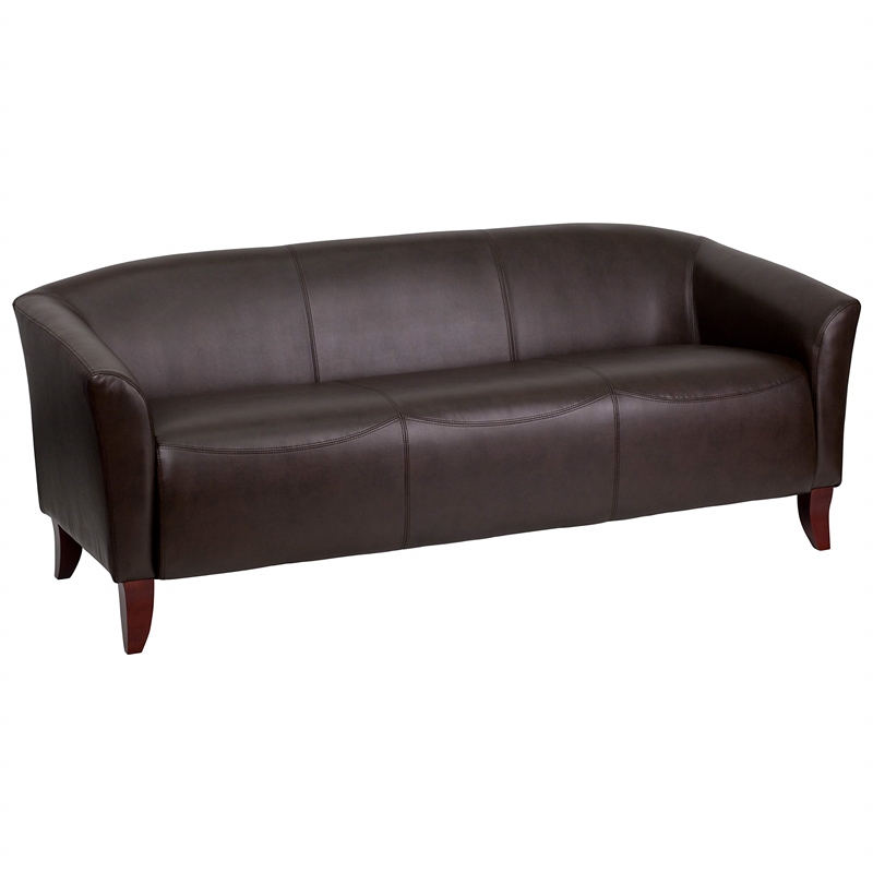 Bowery Hill Leather Upholstered Sloping Arms Sofa in Brown/Cherry
