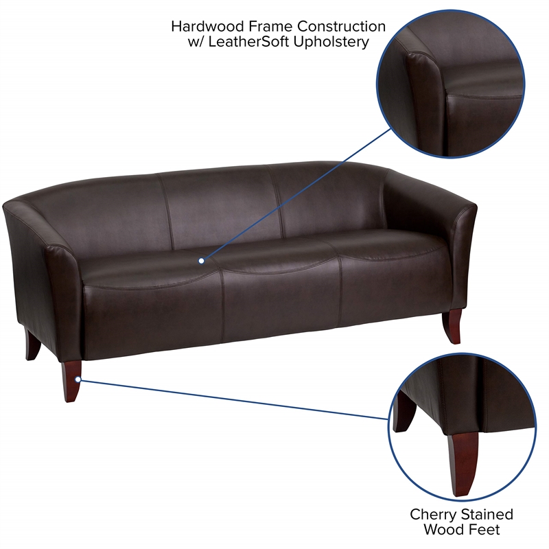 Bowery Hill Leather Upholstered Sloping Arms Sofa in Brown/Cherry