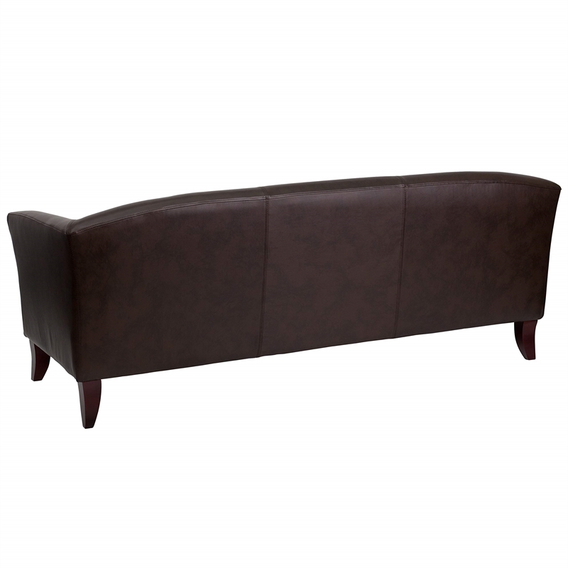 Bowery Hill Leather Upholstered Sloping Arms Sofa in Brown/Cherry
