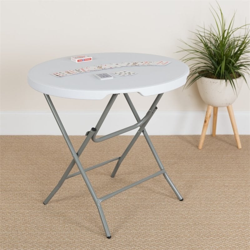 Bowery Hill Metal/Plastic Non-Locking Legs Round Folding Table in Granite White