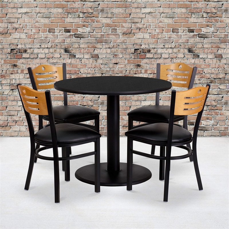 Bowery Hill 5 Piece Round Laminate Table Set in Black and Natural