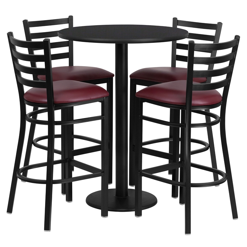Bowery Hill 5 Piece Round Table Set in Black and Burgundy