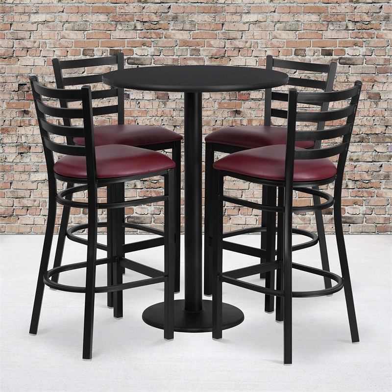 Bowery Hill 5 Piece Round Table Set in Black and Burgundy