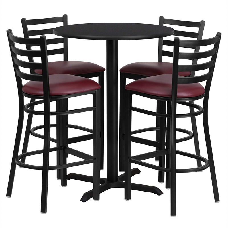 Bowery Hill 5 Piece Round Table Set in Black and Burgundy