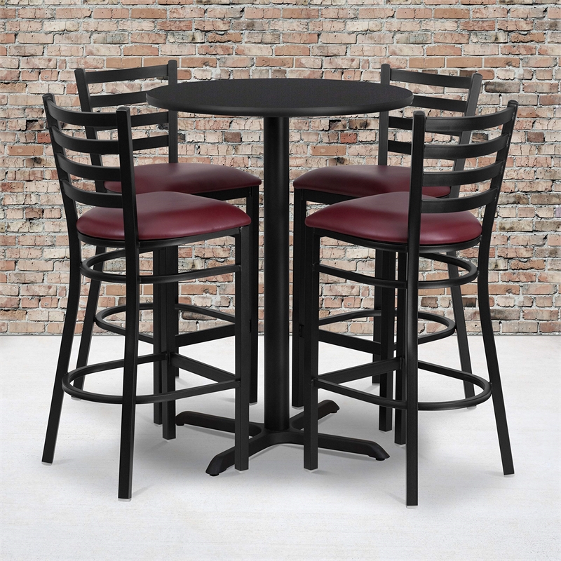 Bowery Hill 5 Piece Round Table Set in Black and Burgundy