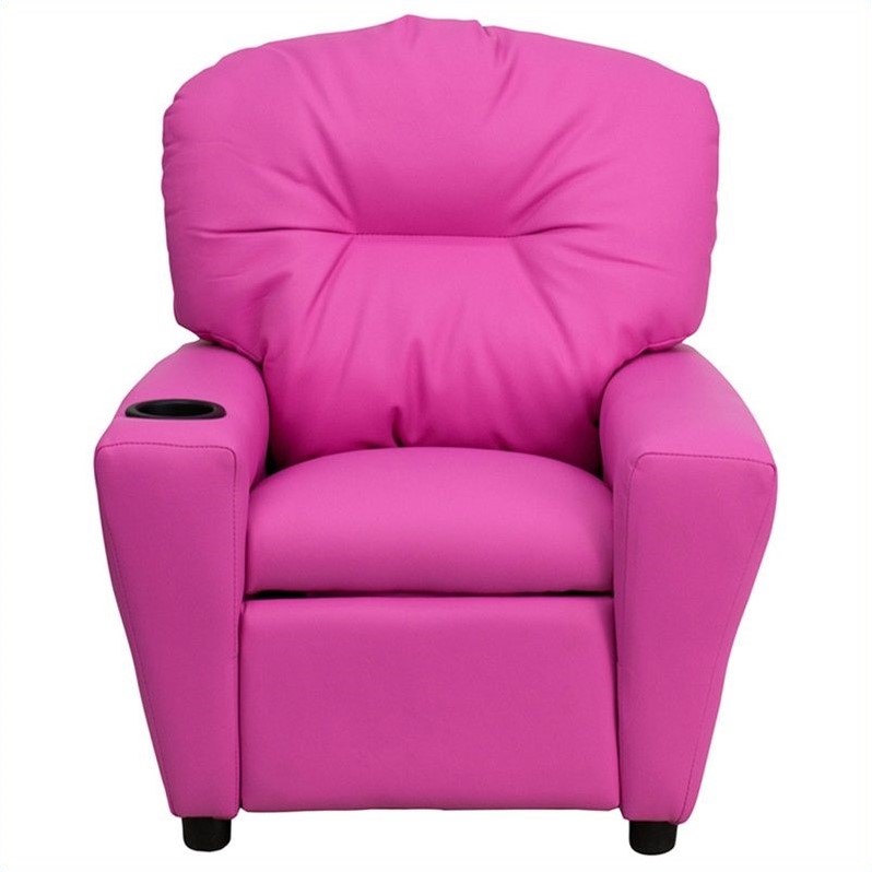 Bowery Hill Contemporary Vinyl Kids Recliner with Cup Holder Armrest in Pink