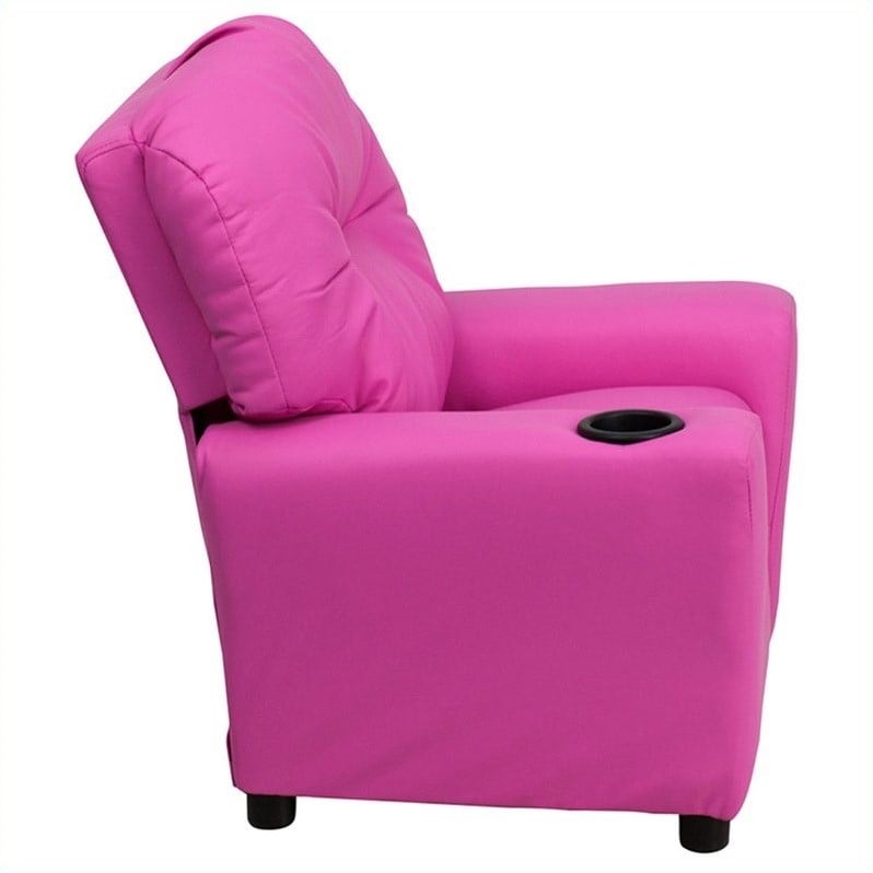 Bowery Hill Contemporary Vinyl Kids Recliner with Cup Holder Armrest in Pink
