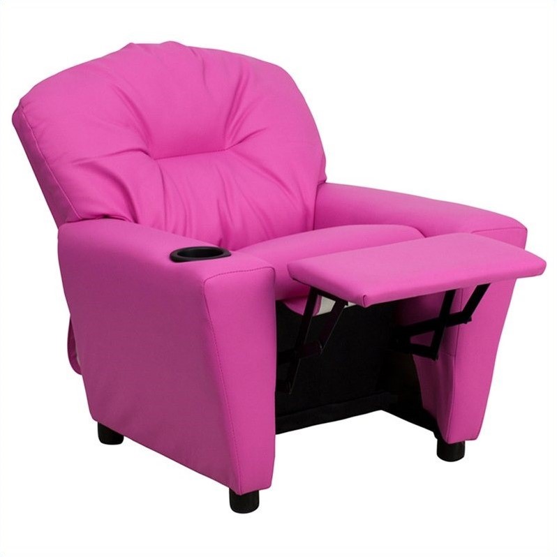 Bowery Hill Contemporary Vinyl Kids Recliner with Cup Holder Armrest in Pink