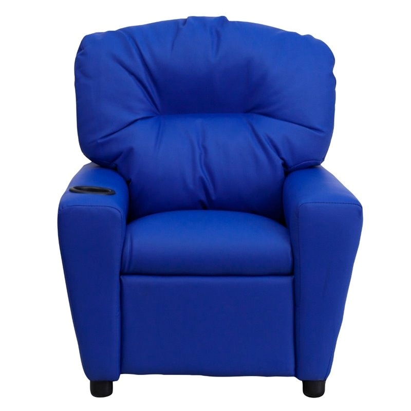 Bowery Hill Contemporary Vinyl Upholstered Kids Recliner with Cup Holder in Blue
