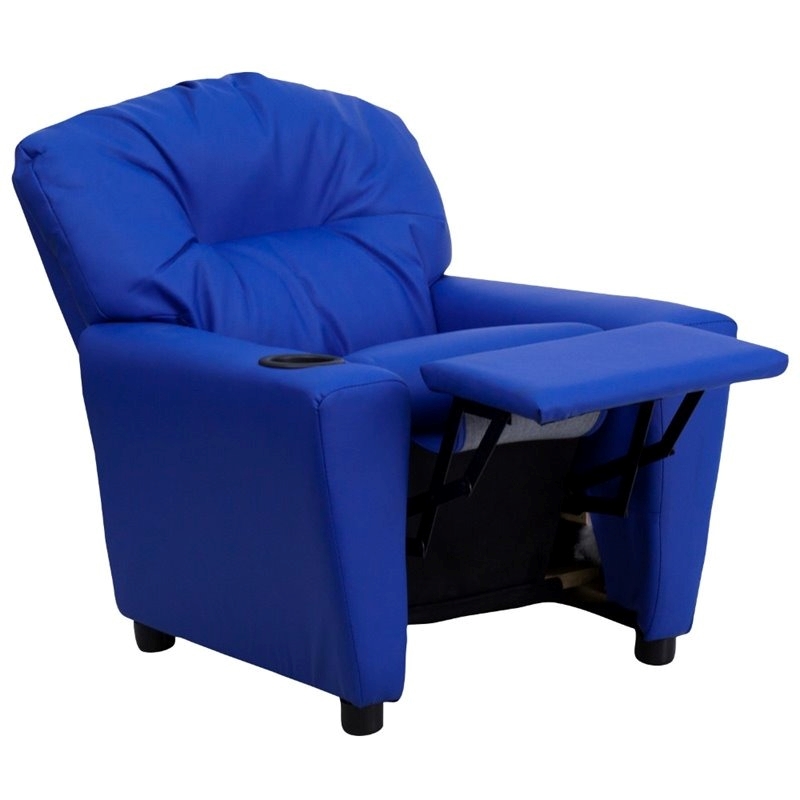Bowery Hill Contemporary Vinyl Upholstered Kids Recliner with Cup Holder in Blue