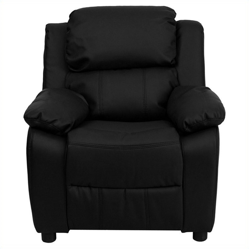 Bowery Hill Contemporary Faux Leather Kids Recliner with Storage Arms in Black
