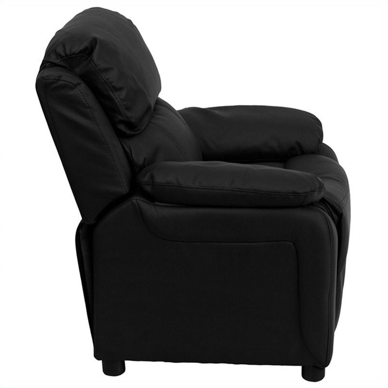 Bowery Hill Contemporary Faux Leather Kids Recliner with Storage Arms in Black