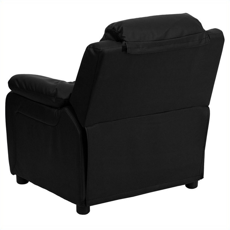 Bowery Hill Contemporary Faux Leather Kids Recliner with Storage Arms in Black