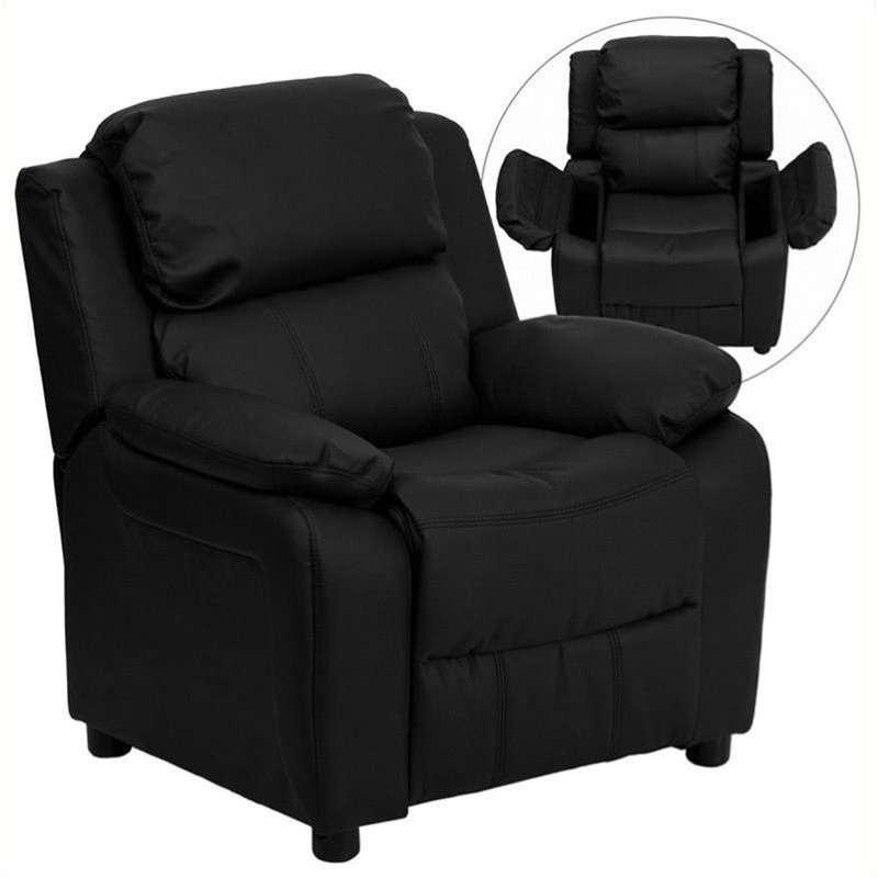 Bowery Hill Contemporary Faux Leather Kids Recliner with Storage Arms in Black