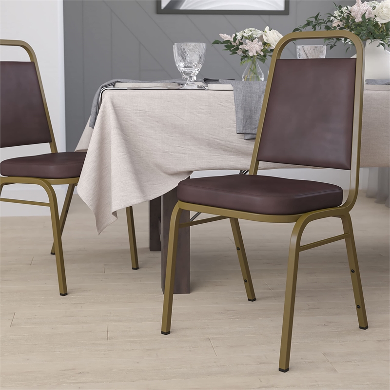 Bowery Hill Vinyl/Metal Trapezoid Back Banquet Stacking Chair in Brown
