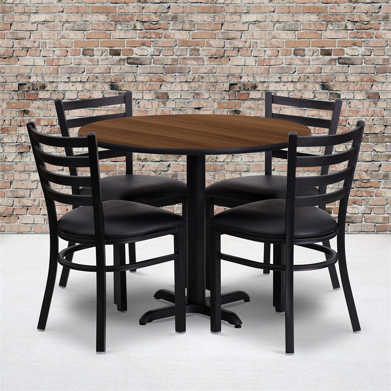 Bowery Hill 5 Piece Round Laminate Table Set in Walnut and Black