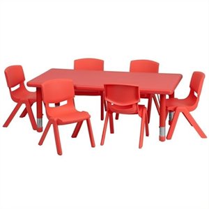 Bowery Hill 7-Piece Rectangular Plastic Activity Table Set in Red