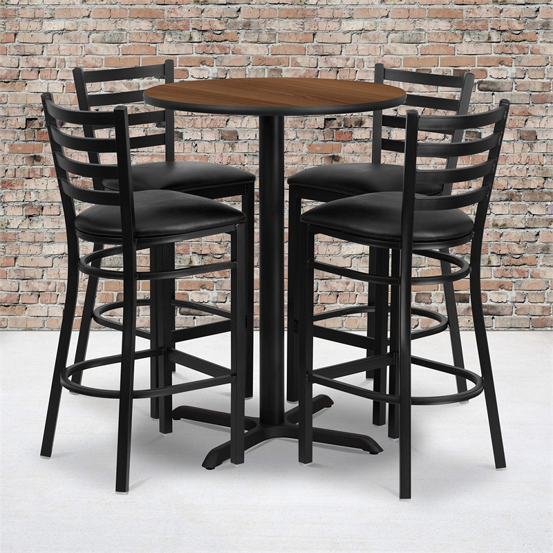 Bowery Hill 5 Piece Round Laminate Table Set in Walnut and Black