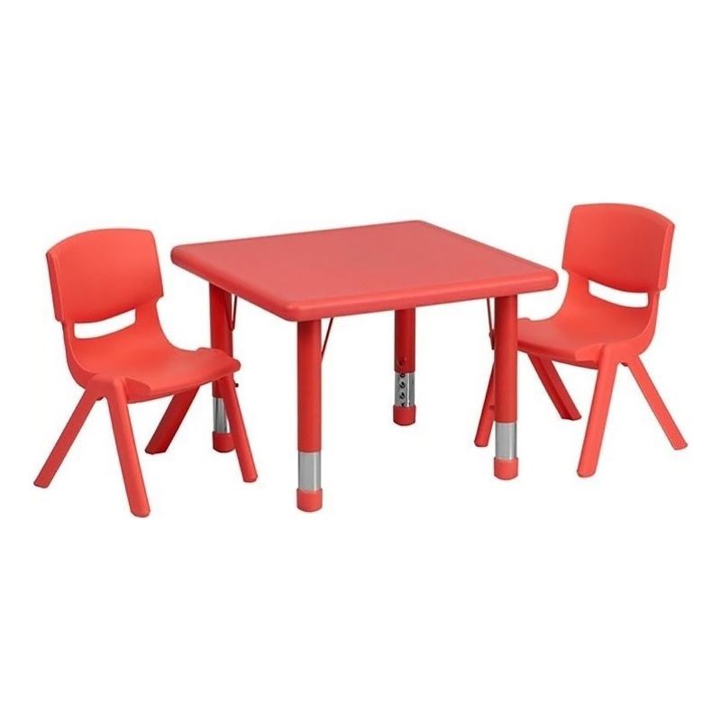 Bowery Hill 3 Piece Plastic/Steel Square Adjustable Activity Table Set in Red