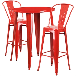 Bowery Hill 3 Piece Round Steel Metal Indoor/Outdoor Pub Set in Red