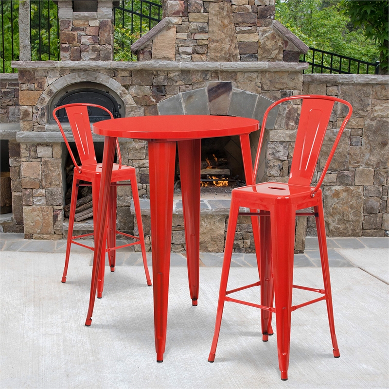 Bowery Hill 3 Piece Round Steel Metal Indoor/Outdoor Pub Set in Red