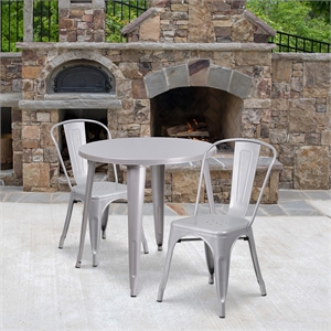 Bowery Hill 3 Piece 30&quot Round Metal Patio Dining Set in Silver