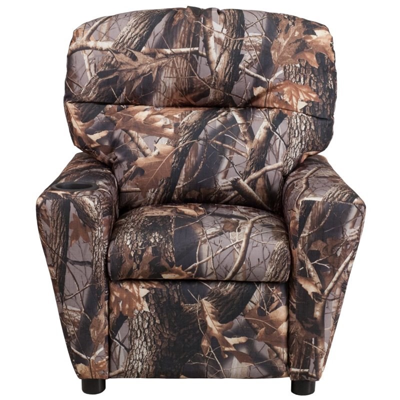 Bowery Hill Contemporary Fabric Kids Recliner with Cup Holder in Brown