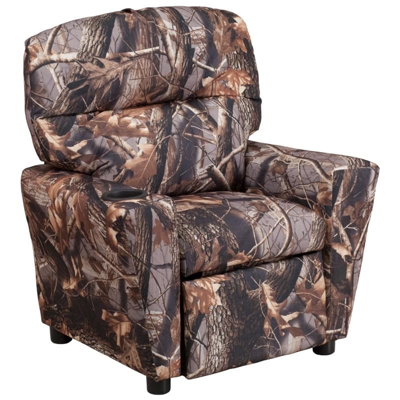 Bowery Hill Contemporary Fabric Kids Recliner with Cup Holder in Brown