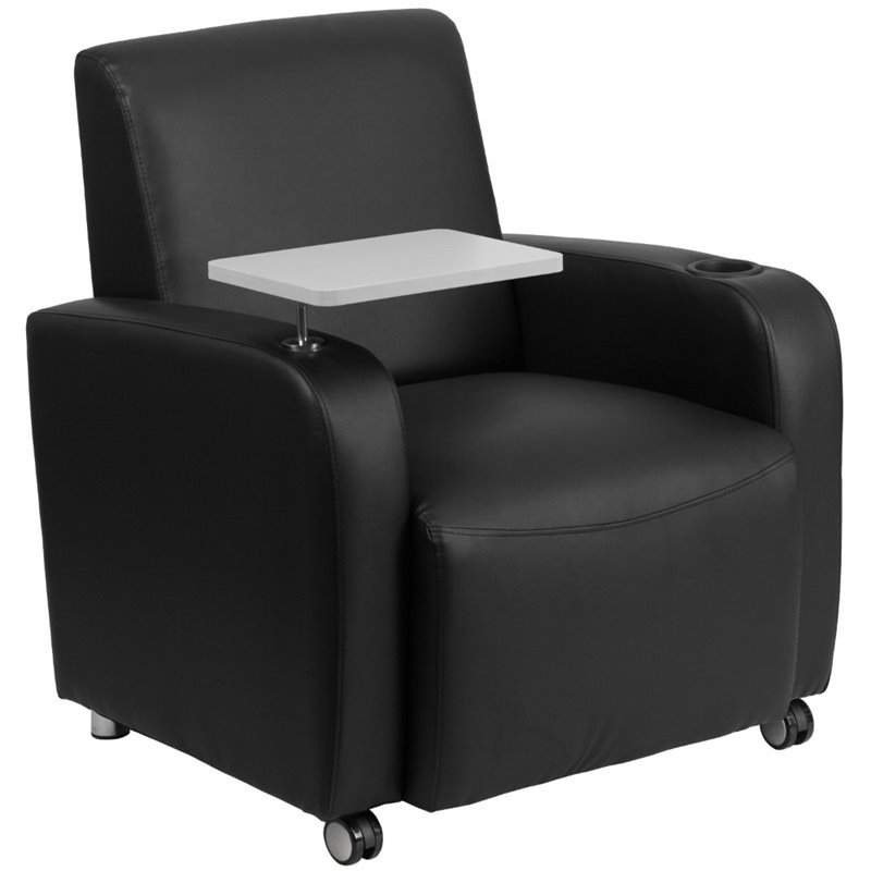 Bowery Hill Leather Guest Chair with Cup Holder in Black