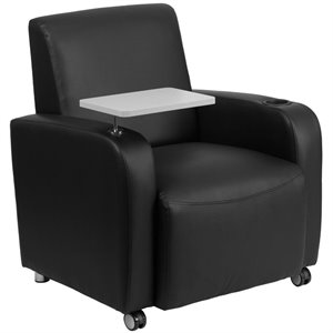 bowery hill leather guest chair with cup holder in black