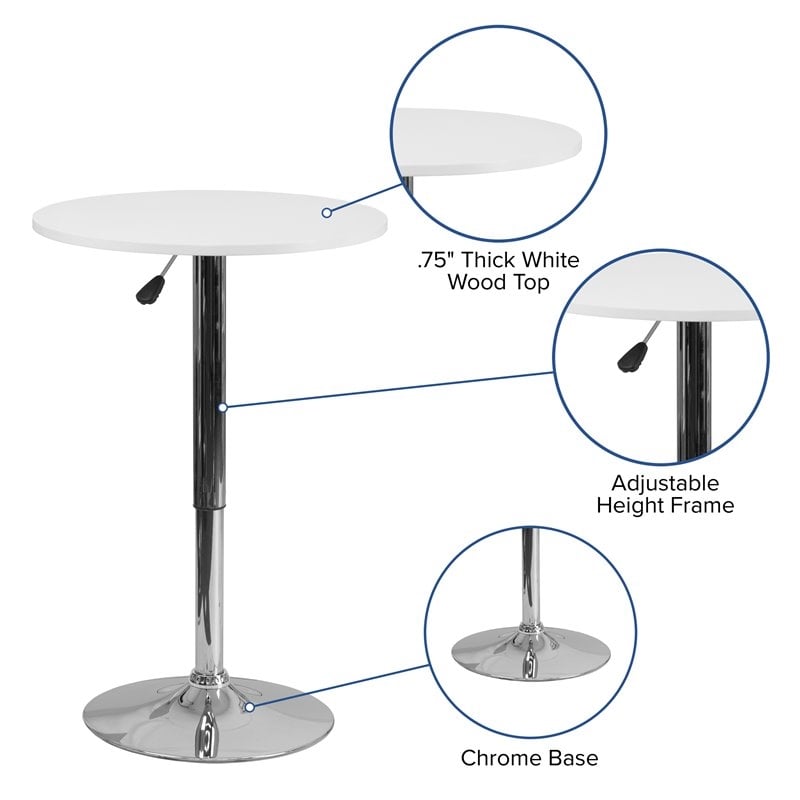 Bowery Hill Wood/Chrome Swivel Round Adjustable Bar Table in White