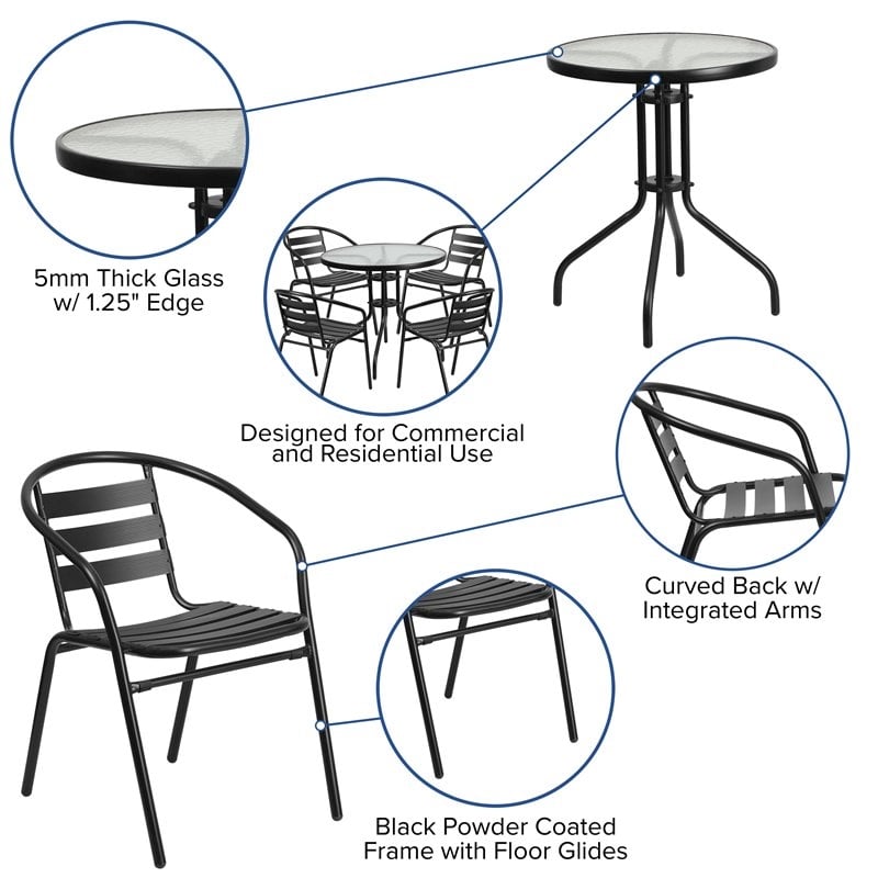 Bowery Hill 5 Piece Metal/Glass Round Patio Dining Set in Black