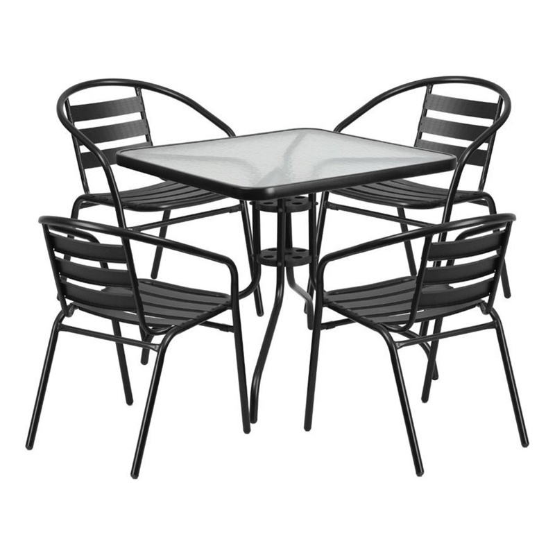 Bowery Hill 5 Piece Metal/Glass Square Patio Dining Set in Black